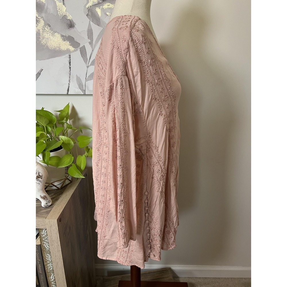 Free People Top Womens XS Pink Embroidered Tunic Deep V Boho Cottage Fairy - Picture 5 of 8